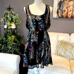 APRICOT Black Dress with Colorful Feather Design